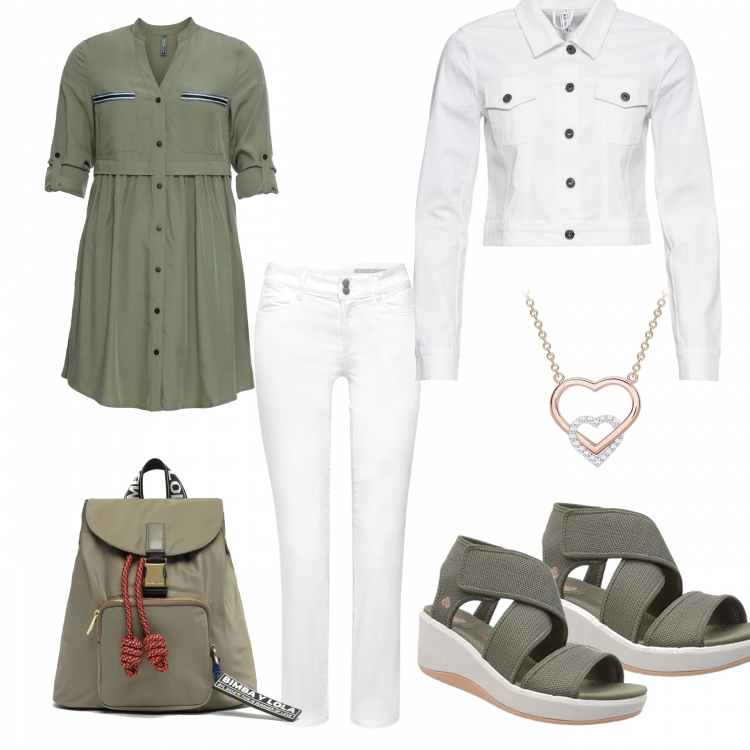 Outfit donna - City verde. Stile Trendy per Tutti i giorni. Abbinamento con vestiti chemisier, giacca in denim, scarpe da ginnastica verde, pantalone bianco, collana in oro rosa bianco, zaino con bretelle e zip kaki.