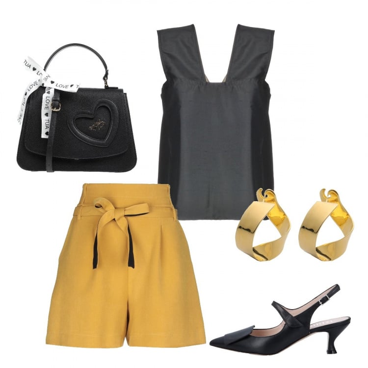 Outfit donna - Prada style. Stile Chic per Serata fuori. Abbinamento con pantalone, décolleté slingback con fibbia a punta tinta unita, top shantung scollatura quadrata senza maniche in seta tinta unita, borsa a mano con manico in pelle martellata taglia media a scatto interno foderato in pelle sintetica tinta unita, orecchini a scatto oro.