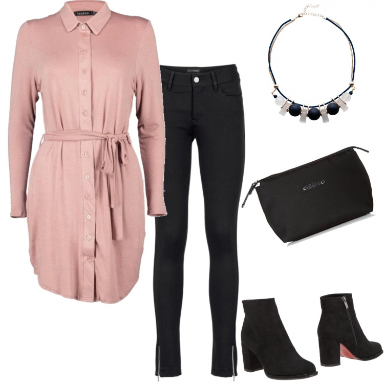 Outfit donna - Non ti stupire. Stile Trendy per Ufficio. Abbinamento con pantaloni, collana pendenti con sfere nero, stivaletti con strass effetto scamosciato con tacco squadrato e zip con punta tonda pianta larga tinta unita, vestito, pochette nero.