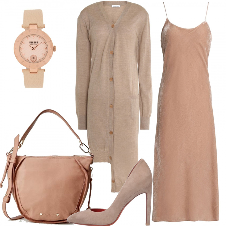 Outfit donna - Beige. Stile Trendy per Tutti i giorni. Abbinamento con vestito longuette interno foderato in velluto tinta unita, orologio con cinturino, décolleté effetto scamosciato a punta tinta unita, cardigan lavorato a maglia a maniche lunghe in lana tinta unita, borsa a tracolla beige.