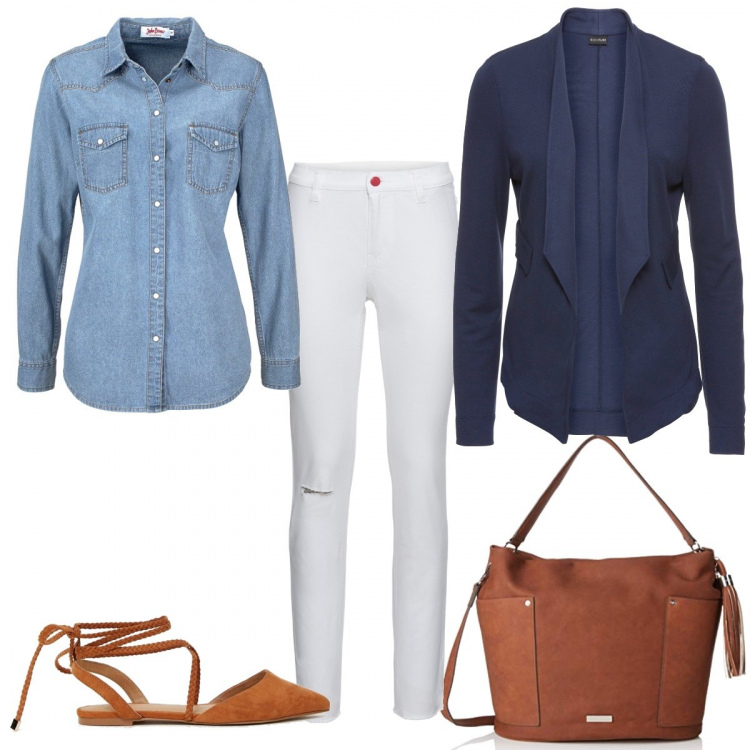 Outfit donna - Cuoio. Stile Trendy per Scuola/Università. Abbinamento con camicie, borse a tracolla, pantalone bianco, borsa a spalla marrone, ballerine.