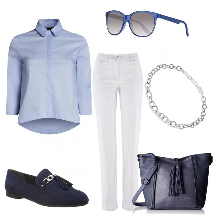 Outfit donna - Colori del mare. Stile Basic per Tutti i giorni. Abbinamento con pantaloni, camicia forma asimmetrica aderente blu, mocassini navy, bracciale in sterling 925 ipoallergenico argento e bianco, borsa a spalla blu, montatura occhiali.