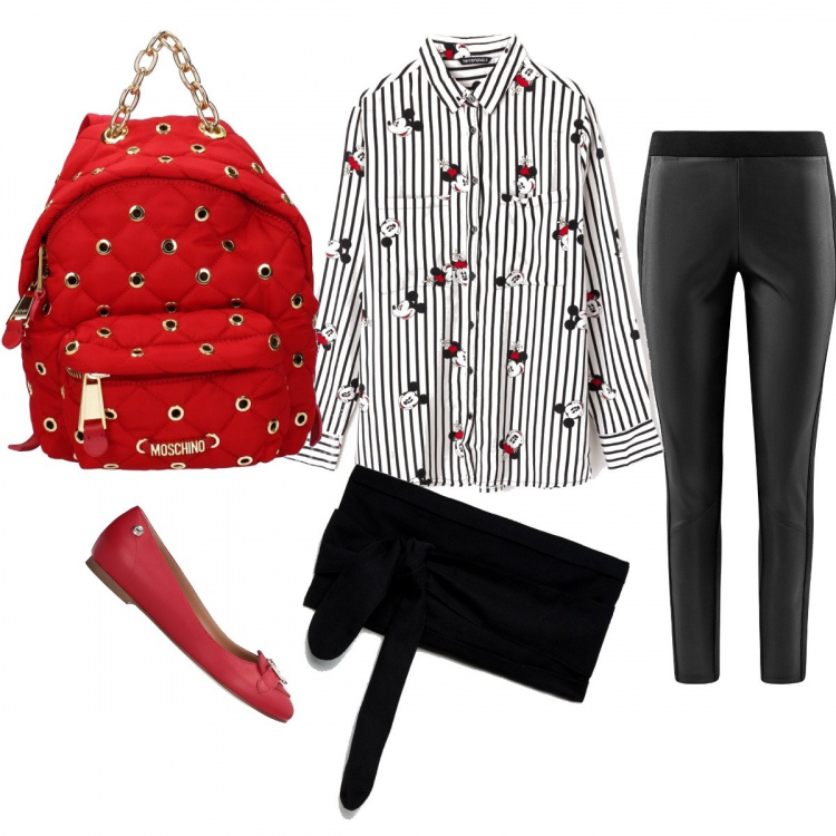 Outfit donna - La cintura soprattutto. Stile Basic per Tutti i giorni. Abbinamento con ballerine senza tacco con punta tonda in pelle tinta unita, camicia con taschini a righe bianco, zaino, leggings in in maglia aderente nero, cintura con cinturino nero.