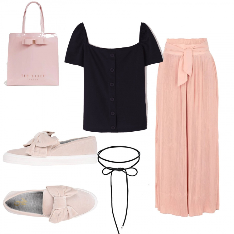 Outfit donna - Fiocco outfit. Stile Bon Ton per Tutti i giorni. Abbinamento con pantalone plissè crêpe, sneakers tennis, t-shirt a coste con bottoni, collane, vestito con fiocco vivace.