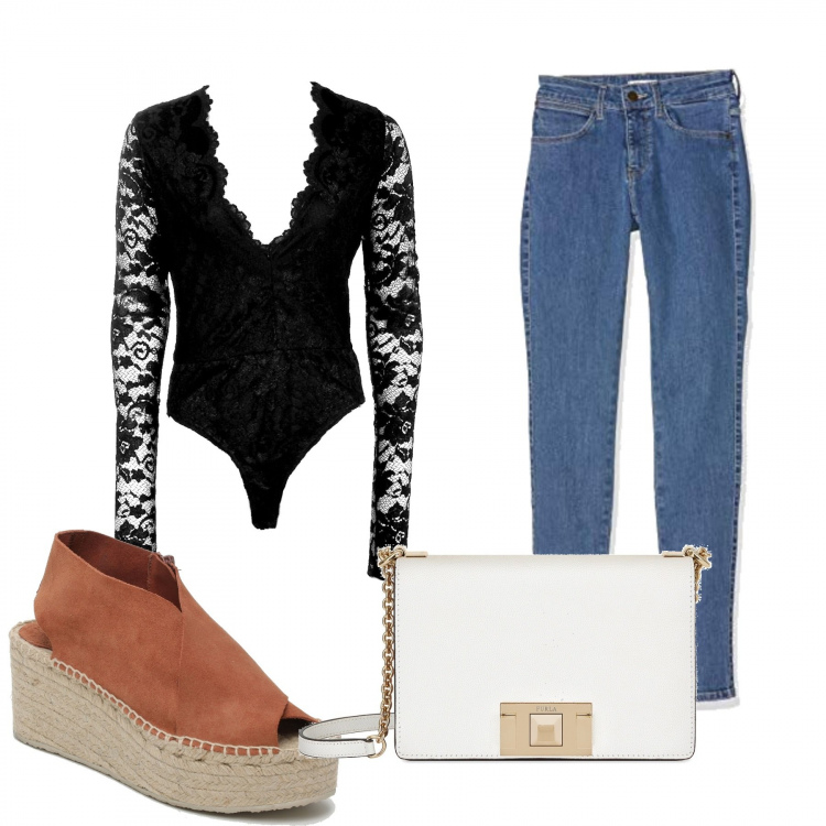 Outfit donna - Trendy outfit. Stile Sexy per Serata fuori. Abbinamento con body con pizzo a maniche lunghe, espadrillas con zeppe e zip con punta tonda marrone, jeans skinny blu, borsa a tracolla mini.