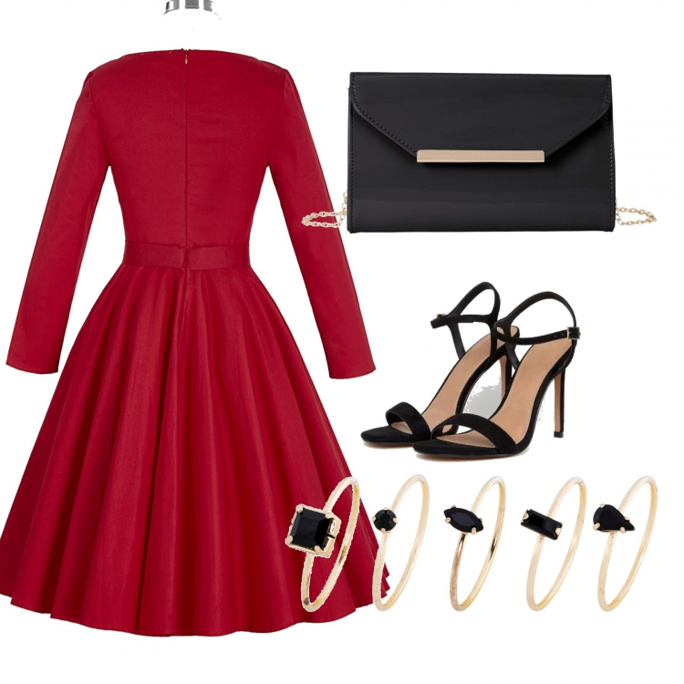 Outfit donna - Bon Ton #5864. Stile Bon Ton per Serata fuori. Abbinamento con anello oro, pochette, vestito con fiocco collo aperto con zip, sandali petite collo aperto nudo.