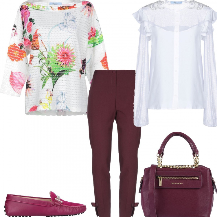 Outfit donna - ByBlumarine#Volants, e color melanzana. Stile Urban per Tutti i giorni. Abbinamento con mocassini, pantaloni, camicia senza tasche con ruches collo tondo a maniche lunghe in seta crêpe, pullover fantasia floreale lavorato a maglia a maniche lunghe 95% cotone, borsa a mano.