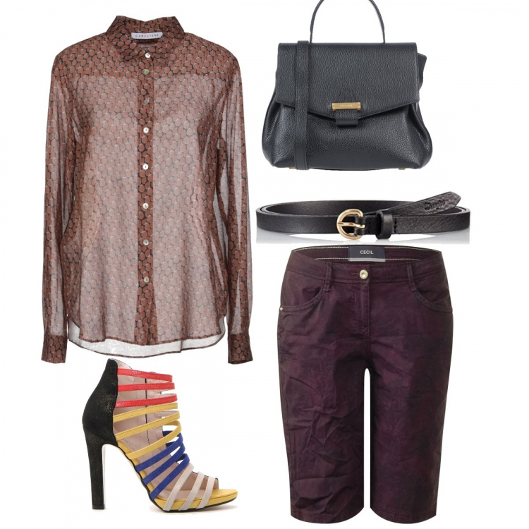 Outfit donna - Prada low cost. Stile Trendy per Tutti i giorni. Abbinamento con camicia fantasia multicolore collo classico a maniche lunghe in seta con bottoni, borsa a mano mini con manico in pelle martellata a scatto interno foderato tinta unita, shorts fantasia floreale, tronchetti multicolore, cintura stretto nero.