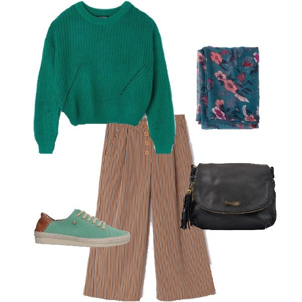 Outfit donna - Maggio di fiori. Stile Basic per Scuola/Università. Abbinamento con sneakers tennis, pantalone, maglia girocollo a maniche lunghe tinta unita verde, sciarpa fantasia floreale verde, borsa a tracolla con zip in pelle con nappine nero.