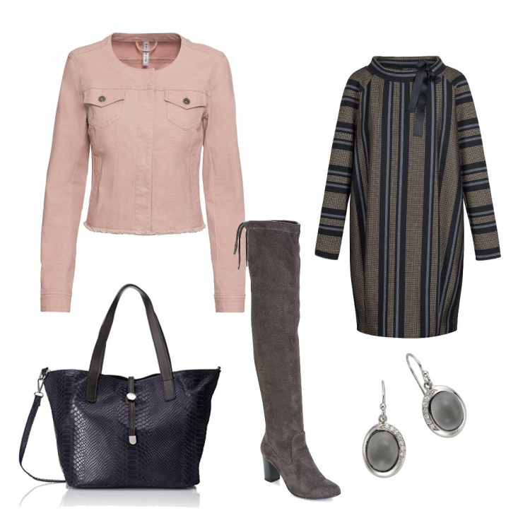 Outfit donna - Grigio e rosa. Stile Urban per Tutti i giorni. Abbinamento con giacca twill, stivali sulla coscia grigio, vestito fantasia jacquard, shopping bag blu, orecchini pendenti con zirconia in sterling 925 argento e multicolore.