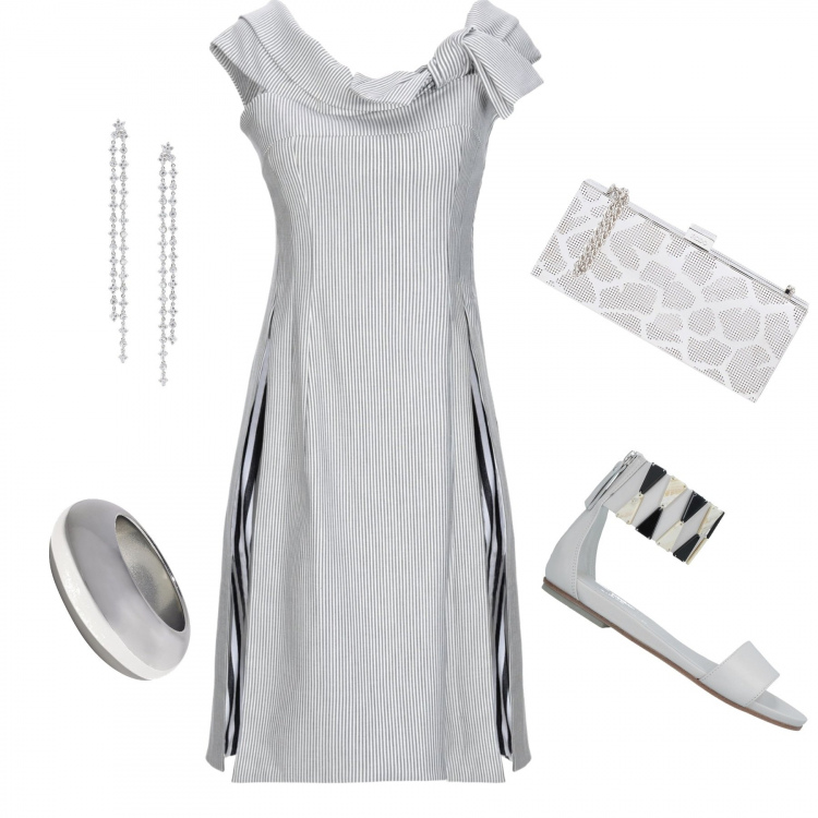Outfit donna - Il grigio. Stile Trendy per Serata fuori. Abbinamento con top con fiocco senza tasche a righe a maniche corte con zip interno foderato elasticizzato, sandali pelle contrasto senza tacco con zip e punta tonda tinta unita, borsa a mano petit effetto laminato a scatto interno sfoderato tinta unita, orecchini con farfallina in placcato rodio, braccialetti.