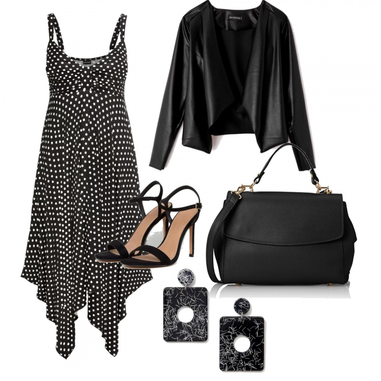 Outfit donna - Urban #4204. Stile Urban per Serata fuori. Abbinamento con vestito lungo, giacca scollatura in ecopelle nero, borsa a mano nero, sandali petite collo aperto nudo, orecchini pendenti con punta quadrata.