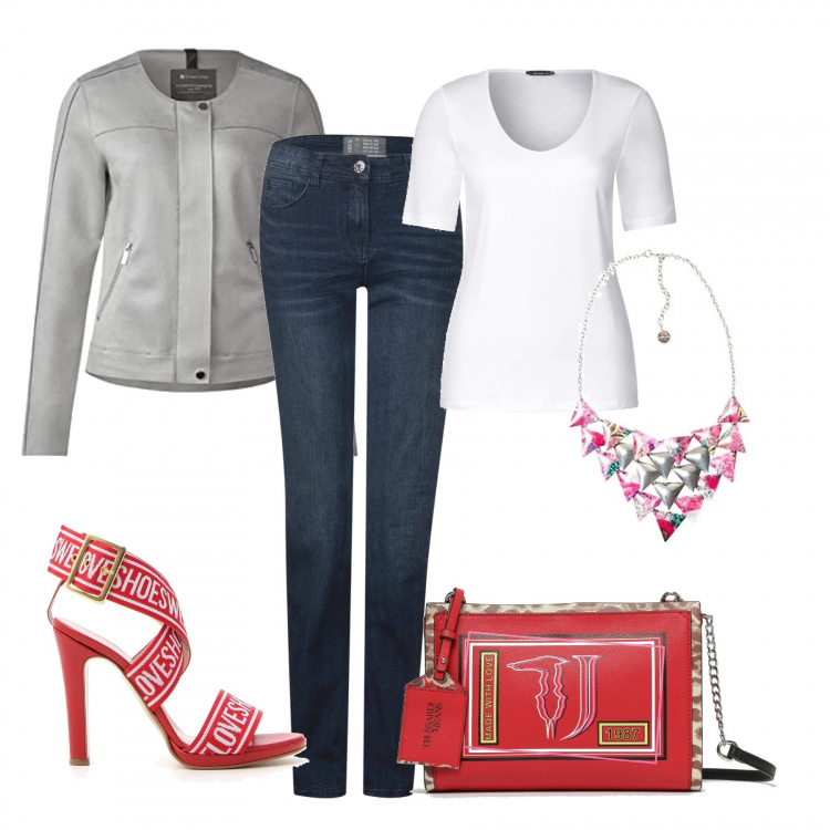 Outfit donna - Maggio low cost. Stile Trendy per Tutti i giorni. Abbinamento con clutch rosso e multicolore, collana in placcato argento, t-shirt bianco, jeans straight blu, sandali, giacca grigio.