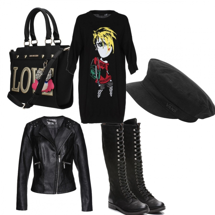 Outfit donna - Punk rock. Stile Urban per Tutti i giorni. Abbinamento con costumi interi, vestito corto, cappello con visiera interno foderato in cotone tinta unita, borsa a mano con strass e tracolla regolabile nero, stivali con zip e punta tonda nero.