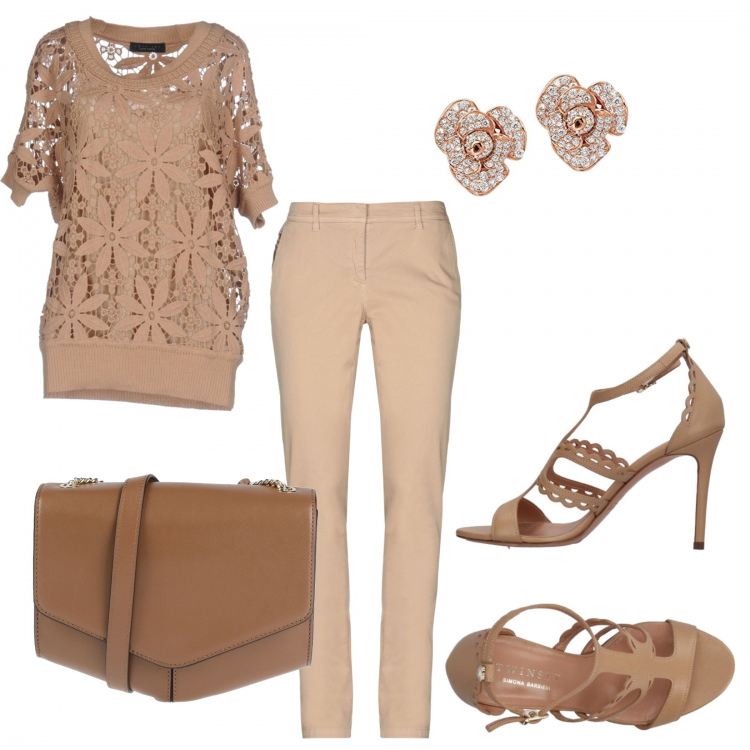 Outfit donna - Aspettando l\'estate. Stile Basic per Tutti i giorni. Abbinamento con pullover senza tasche lavorato a maglia collo tondo a maniche corte tinta unita, pantalone a sigaretta con zip in gabardine tinta unita, sandali col tacco, borsa a tracolla mini con zip interno foderato tinta unita, orecchini a perno argento.