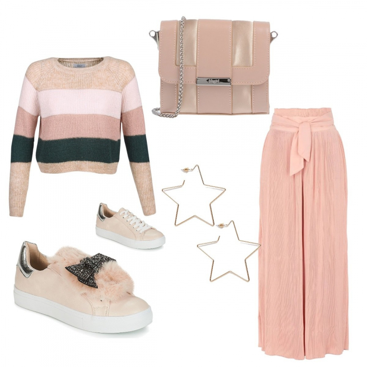 Outfit donna - Trendy #11934. Stile Trendy per Tutti i giorni. Abbinamento con pantalone plissè crêpe, borsa a mano petit interno foderato in raso tinta unita, sneakers, maglione multicolore, orecchini petite farfalla oro.