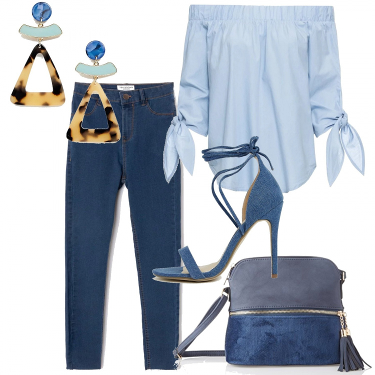 Outfit donna - Urban #4207. Stile Urban per Tutti i giorni. Abbinamento con bluse, jeans skinny in denim blu, borsa a tracolla con zip e nappine navy, scarpe stringate collo aperto in denim nudo, orecchini farfalla.