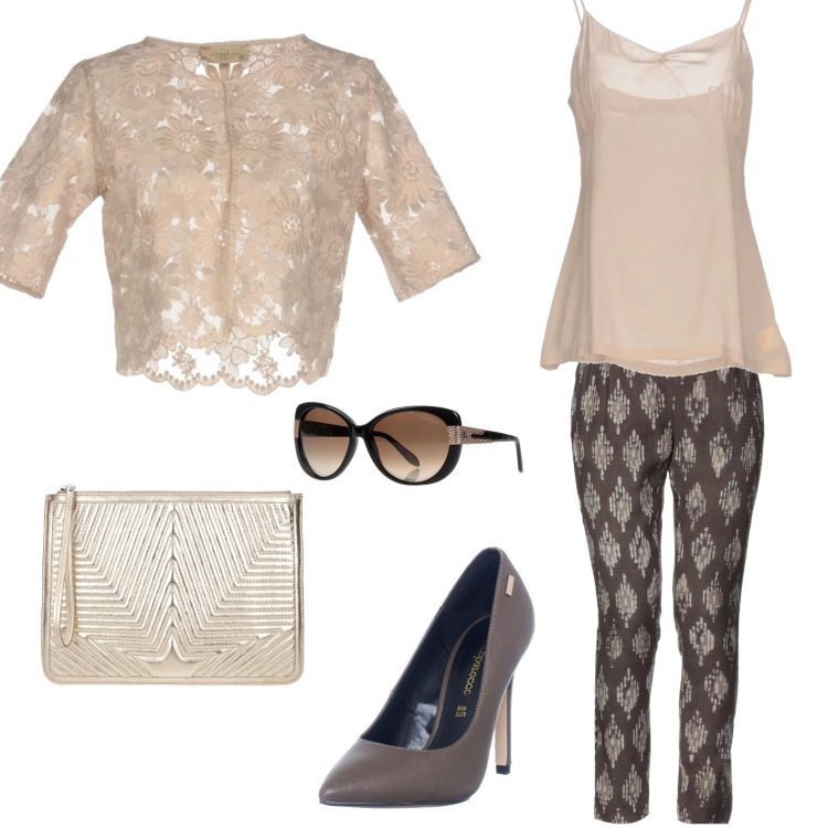 Outfit donna - Morbide geometrie. Stile Bon Ton look ideale per Petite. Abbinamento con pantalone con bande laterali fantasia multicolore vita alta jacquard, giacca con pizzo collo tondo interno sfoderato tinta unita, top collo a v senza maniche crêpe, occhiali da sole lenti sfumate tinta unita, pochette con manico e zip in pelle oro, décolleté.
