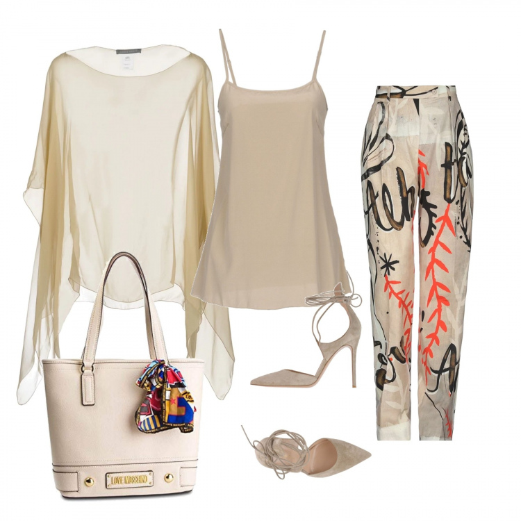 Outfit donna - Chic #6683. Stile Chic per Tutti i giorni. Abbinamento con pantaloni, cappe, canottiere, décolleté effetto scamosciato con laccetti a punta tinta unita, borsa a mano tote avorio.