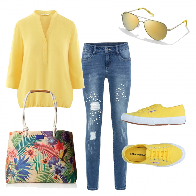 Outfit donna - Casual in giallo. Stile Trendy per Tutti i giorni. Abbinamento con vestiti, sneakers, camicetta aderente giallo, borsa a spalla marrone, occhiali da sole unisex-adulto oro.