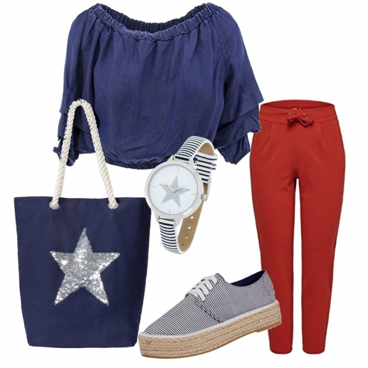 Outfit donna - Marine di maggio. Abbinamento con shopping bag, orologio, sneakers blu, pantalone jersey rosso, top.