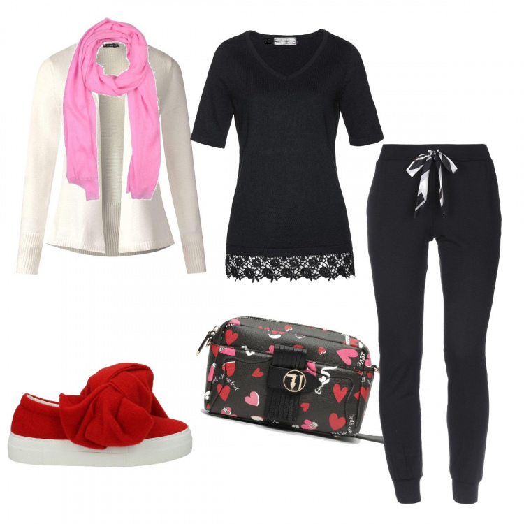Outfit donna - Basic #7078. Stile Basic per Tutti i giorni. Abbinamento con pullover a maniche corte, pantalone, sciarpe, scarpa, borsa a tracolla nero e rosso e rosa, cardigan bianco.
