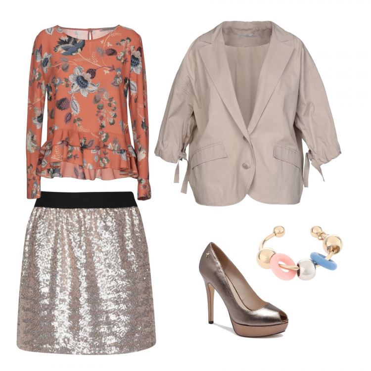 Outfit donna - Un variopinto beige. per Ufficio. Abbinamento con blusa fantasia floreale collo tondo a maniche lunghe crêpe, gonna, giacca collo con revers interno sfoderato in cotone tinta unita, bracciale in ottone, scarpe col tacco con tacco e plateau.