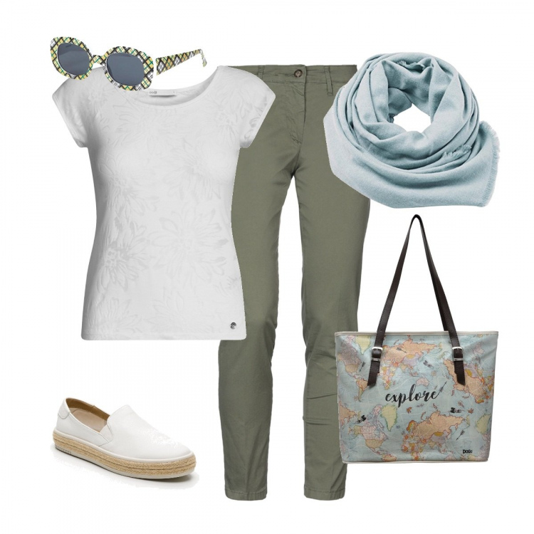 Outfit donna - Per tutti i giorni. Stile Basic per Tutti i giorni. Abbinamento con pantalone con zip tinta unita, t-shirt manica raglan in denim bianco, slippers in pelle bianco, shopping bag con stampa e zip multicolore, sciarpa taglia unica blu e pastello, occhiali da sole sagomati con stampa stanghette sottili in denim protezione dai raggi.