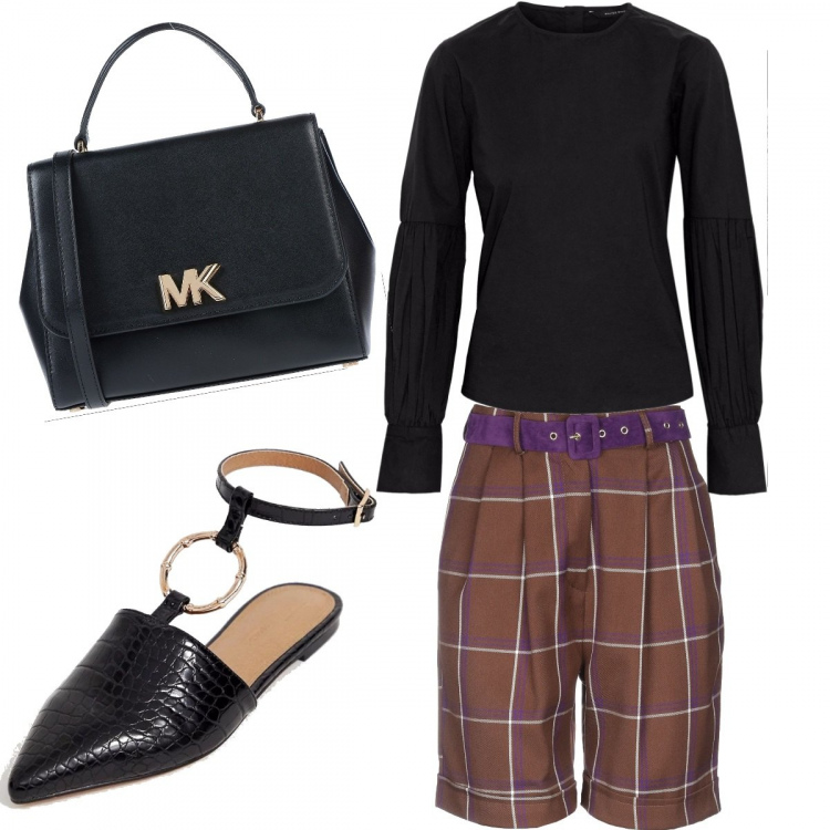 Outfit donna - Lavorando con stile. Stile Trendy per Ufficio. Abbinamento con pantalone, blusa collo tondo a maniche lunghe in cotone tinta unita, borsa a mano mini con manico a scatto interno foderato con tasca interna, ballerine con anello.