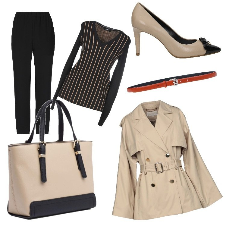 Outfit donna - Stile Burberry: nero, beige e rosso. Stile Chic per Ufficio. Abbinamento con soprabito, pullover, cintura con fibbia tinta unita, pantalone, décolleté effetto vernice beige, borsa tote beige.