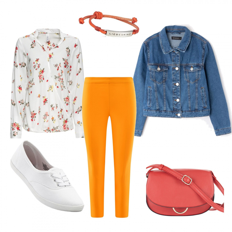 Outfit donna - Colori caldi. Stile Basic per Tutti i giorni. Abbinamento con sneakers, giacche, borsa a tracolla, giacca in denim blu, pantalone con zip aderente arancione, bracciale argento e arancione.