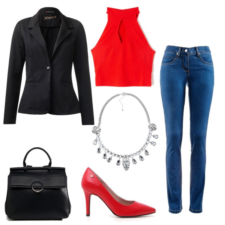 Outfit donna - Un tocco di rosso. Stile Chic per Serata fuori. Abbinamento con jeans dritti, collana con strass e gancio maglia, crop top rosso, giacca nero, décolleté, zaino con anello e spalline con zip in denim con manico e tasca interna.
