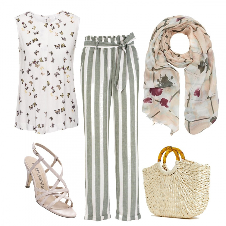 Outfit donna - Lino e farfalle. Stile Trendy per Tutti i giorni. look ideale per Petite. Abbinamento con top, pantalone paper bag bianco, sandali con cinturino rosa, sciarpa taglia unica multicolore e rosa, t-shirt in denim jersey beige.