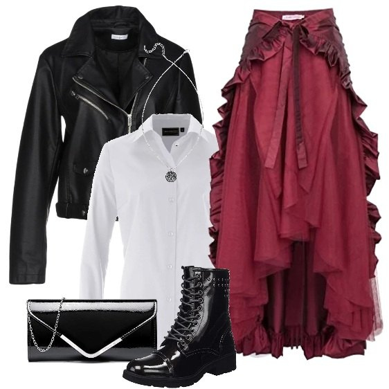 Outfit donna - Rockmantika!. Stile Rock per Serata fuori. look ideale per Tall. Abbinamento con camicie, collana, giubbotto collo classico a maniche lunghe con zip interno foderato in pelle sintetica tinta unita, gonna forma asimmetrica con volant fantasia floreale con lacci e pizzo rosso, stivaletti nero, clutch.