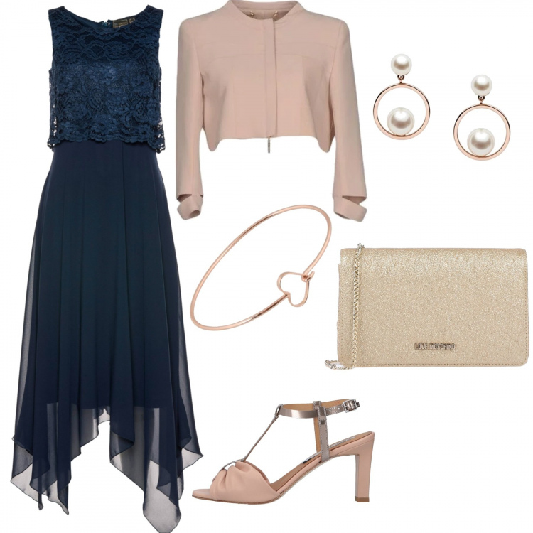 Outfit donna - Matrimonio in vista. Stile Chic per Cerimonia. Abbinamento con vestiti midi/longuette, giacca collo tondo con zip interno foderato crêpe, sandali in pelle, borsa a mano mini effetto laminato in pelle sintetica tinta unita, bracciale pendenti, orecchini.