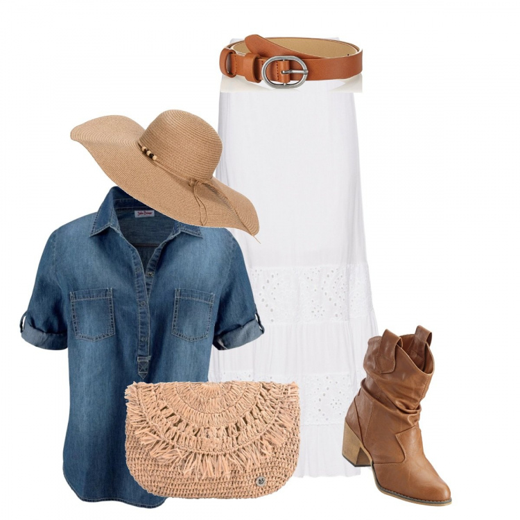 Outfit donna - Country girl. Stile Trendy per Tutti i giorni. Abbinamento con borsa a mano mini interno foderato tinta unita, gonna lunga con pizzo bianco, tuniche, stivaletti texani, cappello in paglia, cintura in denim marrone.