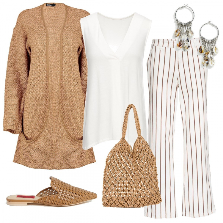 Outfit donna - Intrecci e righe. Stile Trendy per Tutti i giorni. Abbinamento con top, pantalone motivo gessato, cardigan in in maglia con tasche, shopping bag, sabot collo aperto a punta suola piatta, orecchini pendenti con ciondolo.