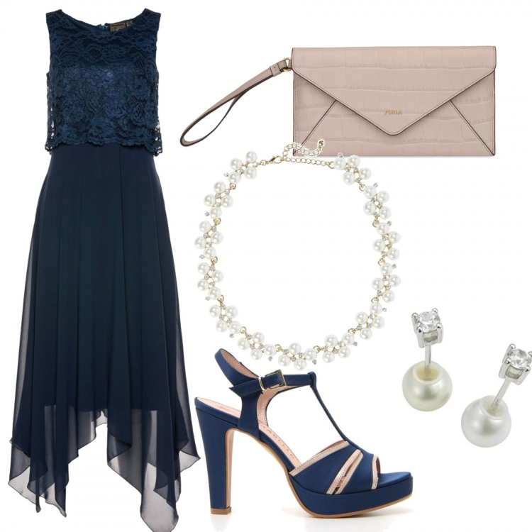 Outfit donna - Chic #6830. Stile Chic per Cerimonia. Abbinamento con vestiti midi/longuette, collana con strass e gancio maglia, sandali, orecchini, clutch.