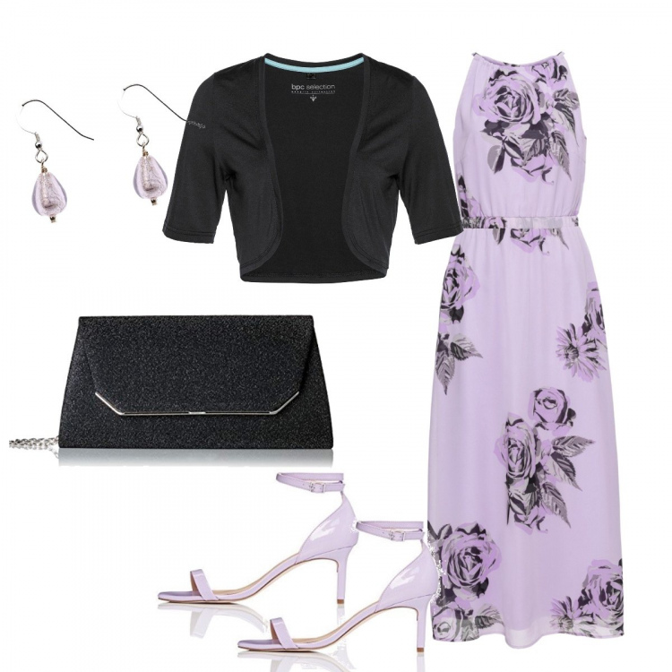 Outfit donna - Lilla. Stile Trendy per Serata fuori. Abbinamento con vestito lungo, blazer, sandali effetto lucido con cinturino viola, shopping bag nero, orecchini pendenti in con murano argento e rosa.