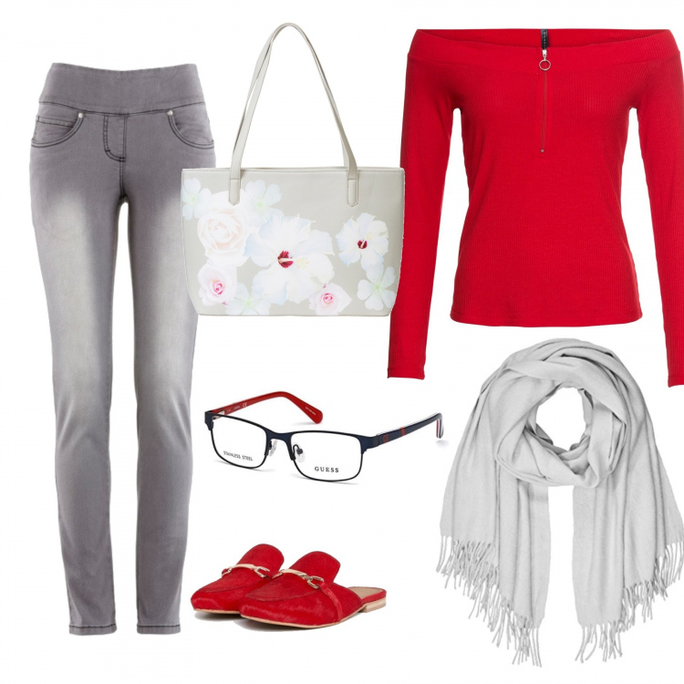 Outfit donna - #curvystyle #capsule4x4. Stile Basic per Tutti i giorni. Abbinamento con jeans slim fit, shopping bag fantasia floreale grigio, maglia con scollo e zip rosso, mocassini pianta larga, sciarpa taglia unica grigio, montatura occhiali unisex-adulto blu.
