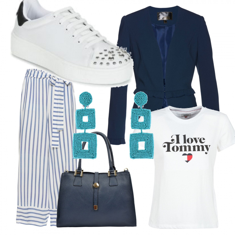 Outfit donna - Ufficio. Stile Trendy per Tutti i giorni. Abbinamento con orecchini a clip argento, reggiseni, giacchina con ruches, t-shirt a maniche corte bianco, scarpe, shopping bag con zip blu scuro.