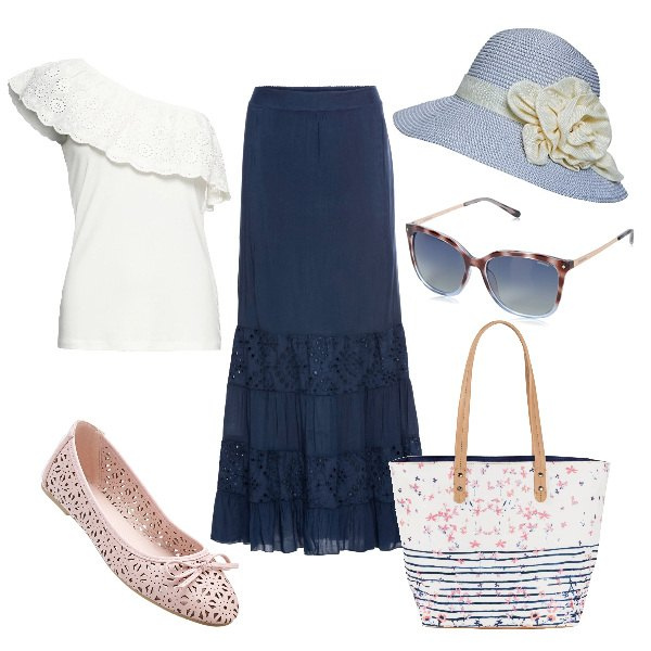 Outfit donna - Romantica gita fuoriporta. Stile Bon Ton per Tutti i giorni. Abbinamento con top, ballerine, top monospalla con ricamo e scollo bianco, shopping bag fantasia floreale con zip bianco, cappello collo aperto in paglia traspirante grigio, occhiali da sole.