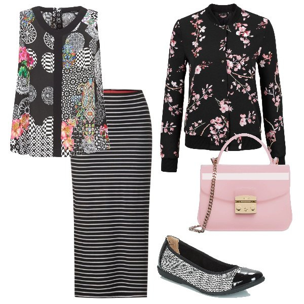 Outfit donna - Mix & Match per una giornata pazza. Stile Trendy per Tutti i giorni. Abbinamento con bomber, ballerine nero, top nero, gonna multicolore e nero, borsa a tracolla mini rosa.