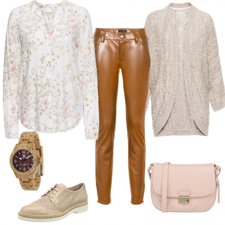 Outfit donna - Curvybeige. Stile Trendy per Serata fuori. Abbinamento con camicie, cardigans, orecchini, borsa a tracolla messenger taglia media a scatto interno foderato in pelle sintetica tinta unita, scarpe stringate beige, orologio.