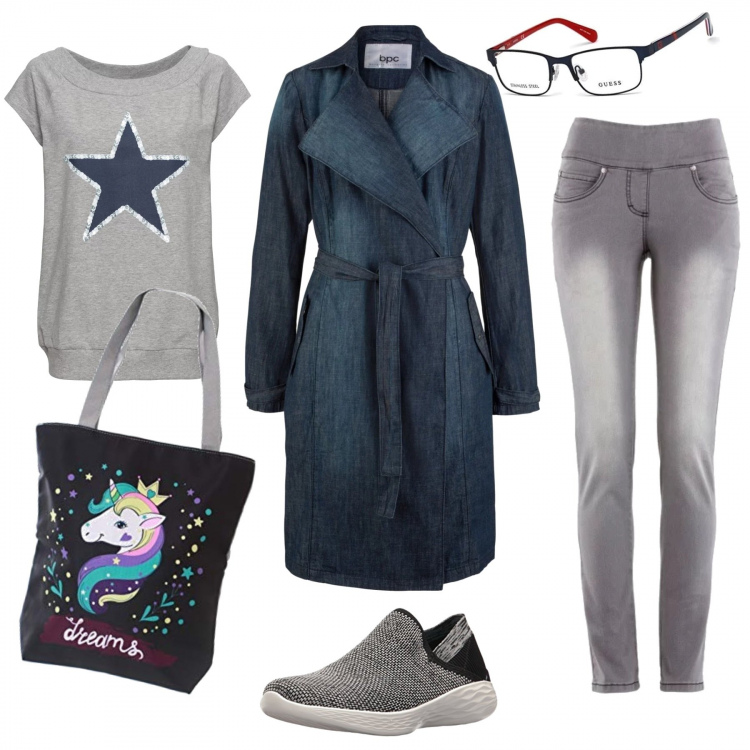 Outfit donna - #curvystyle #capsule4x4. Stile Basic per Scuola/Università. Abbinamento con jeans slim fit, maglia taglio dritto con scollo grigio, soprabito a portafoglio nero, sneakers nero, shopping bag multicolore e nero, montatura occhiali unisex-adulto blu.