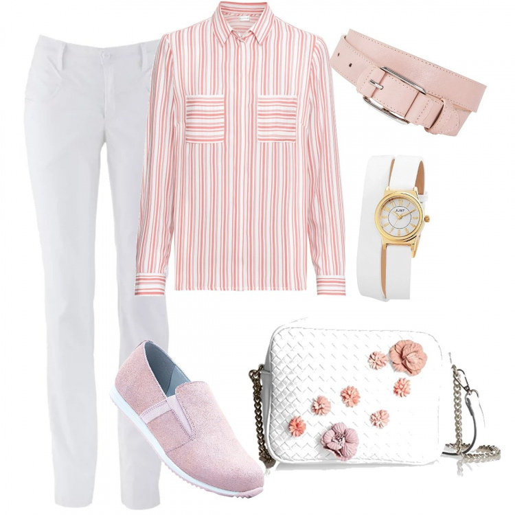 Outfit donna - Camicia a righe. Stile Basic per Tutti i giorni. Abbinamento con pantaloni, camicia con spacco a righe con polsini bianco, mocassini effetto scamosciato rosa, cintura con tacco spillo e fibbia rosa, borsa a tracolla bianco, orologio.