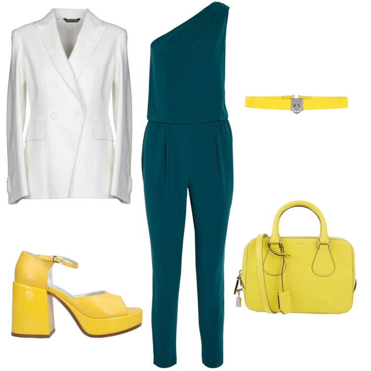 Outfit donna - Mamma fashion. Stile Trendy per Ufficio. Abbinamento con salopette monospalla crêpe, sandali pelle effetto vernice con tacco squadrato e cinturino con punta tonda tinta unita, borsa a mano mini in pelle martellata con zip interno foderato tinta unita, cintura effetto scamosciato in tessuto tecnico tinta unita, giacca doppiopetto con spacco posteriore collo con revers a maniche lunghe interno foderato tinta unita.