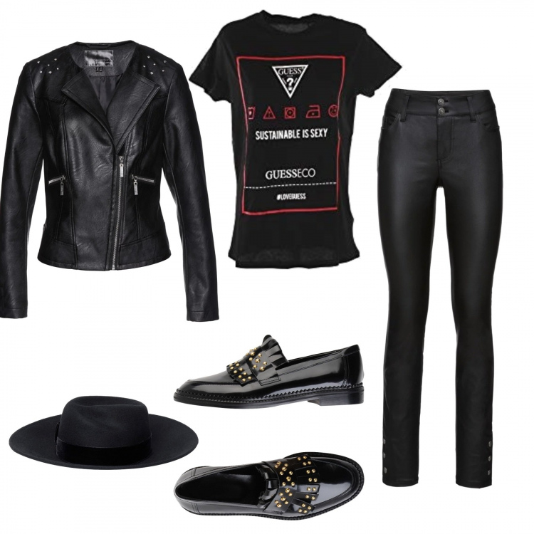 Outfit donna - Ispirato Asia argento. Stile Rock per Serata fuori. Abbinamento con mocassini effetto vernice in pelle, cappello, costumi interi, pantaloni, t-shirt nero.