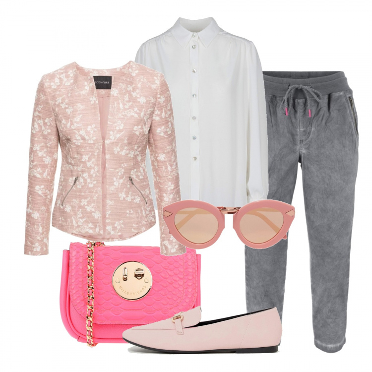 Outfit donna - Pantajogger e mocassini. Stile Basic per Scuola/Università. Abbinamento con pantaloni capri, blazer con scollo aderente, borsa a tracolla petit con stampa tinta unita, occhiali da sole lenti a specchio in montatura in metallo, mocassini, camicia.