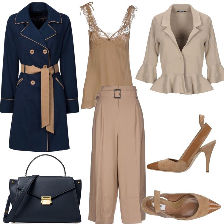 Outfit donna - Trench coat. Stile Chic per Ufficio. Abbinamento con trench, pantalone vita alta twill, top con arricciature scollatura profonda senza maniche in seta crêpe, décolleté effetto scamosciato a punta tinta unita, giacca, borsa a secchiello con manico e tracolla regolabile blu.